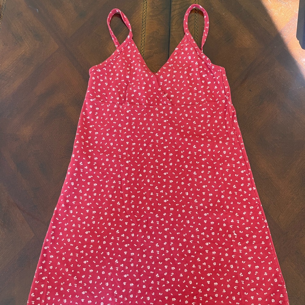 Brandy Melville Red Floral Cotton Mini V Neck Floral Dress One Size